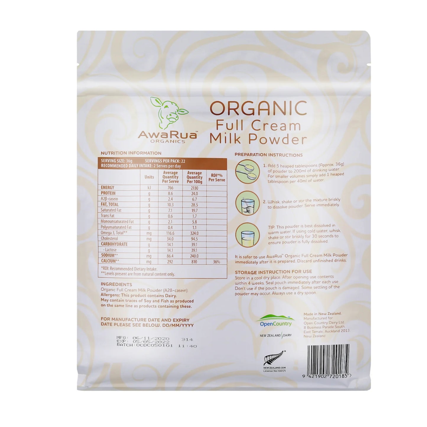 AWARUA ORGANICS Full Cream Milk Powder A2 Casein POUCH