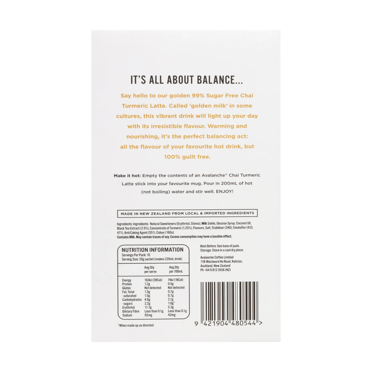 AVALANCHE 99% Sugar Free Turmeric Chai Latte 200gm 10s