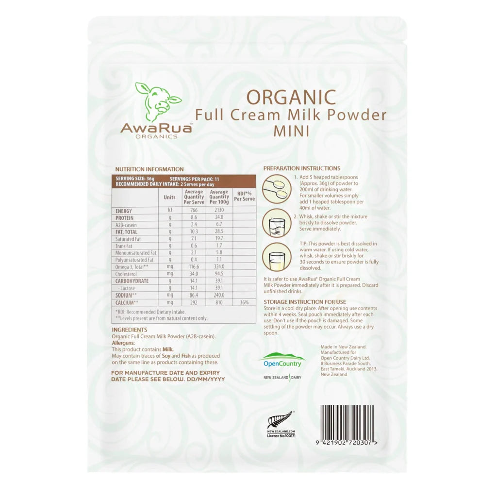 AWARUA ORGANICS Full Cream Milk Powder A2 Casein Mini POUCH